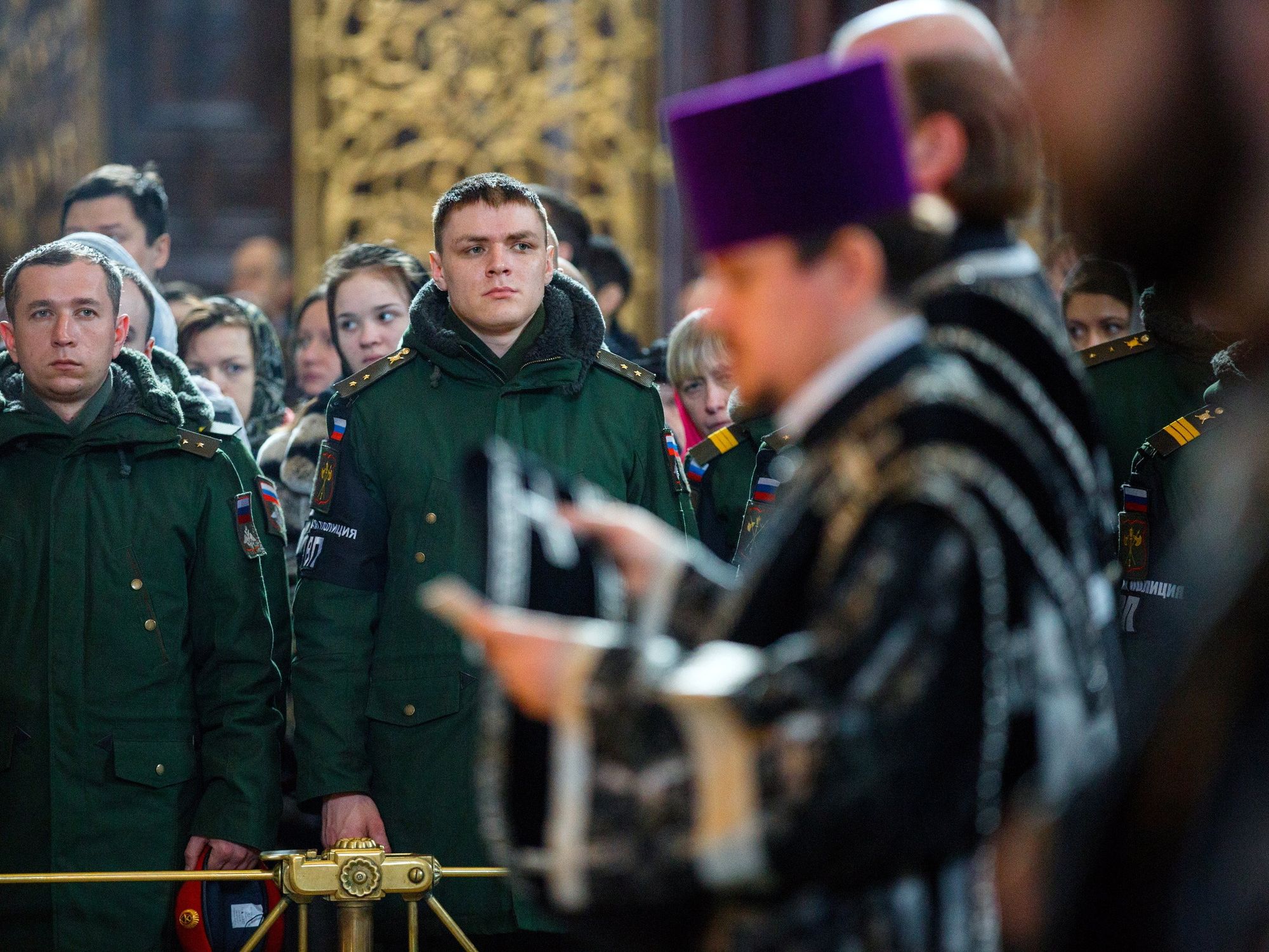 Photo of Russian soldiers during mass at an Orthodox church in Moscow.