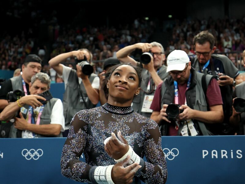 photo of Simon Biles waits for her score