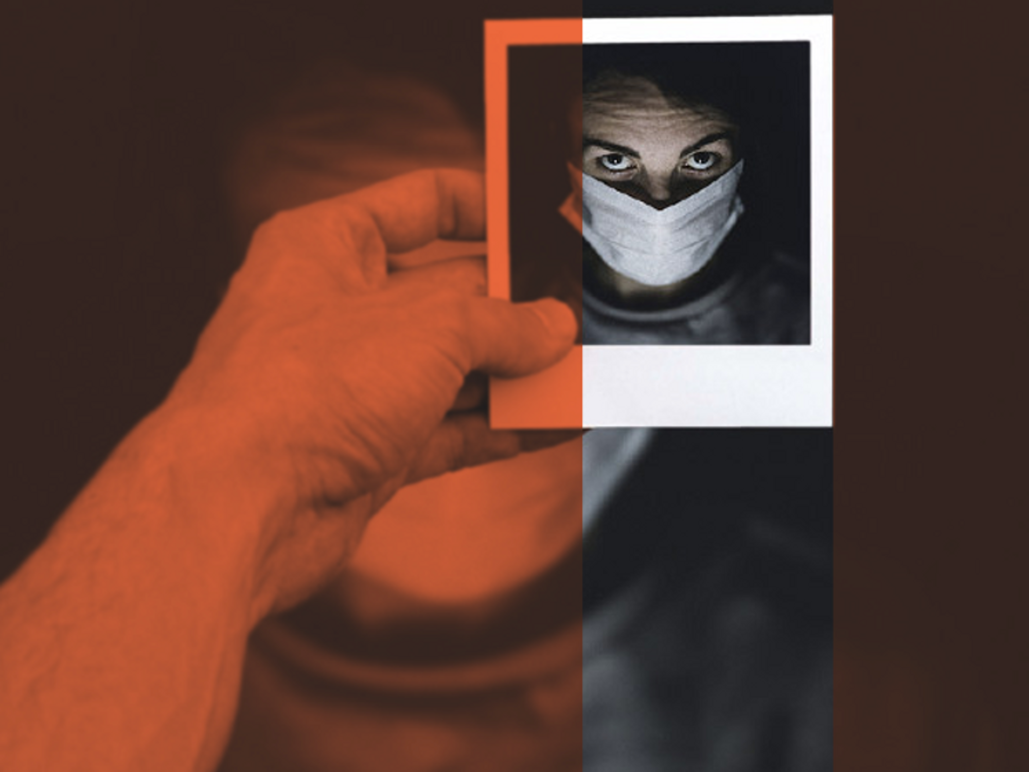 Photo of someone holding a polaroid of a woman wearing a COVID mask