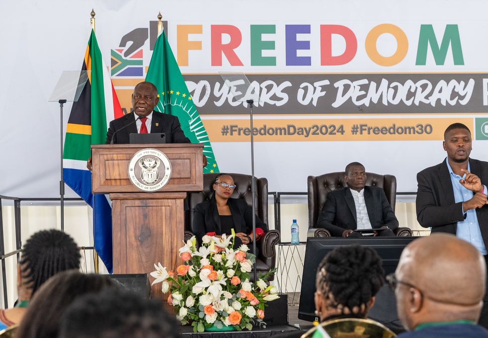 Photo of South African President Cyril Ramaphosa speaking during a celebration commemorating Freedom Day at the Union Buildings in Pretoria, South Africa, on April 27.
