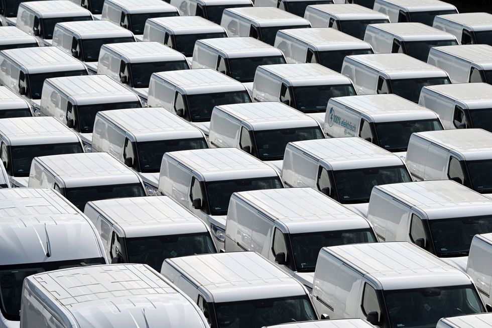 photo of stored Chinese electric utility vehicles Maxus eDeliver ready for sale in Central Europe. The image shows Maxus electric utility vehicles manufactured by SAIC Motor, the seventh largest automobile manufacturer in the world and the leading automotive group in China.