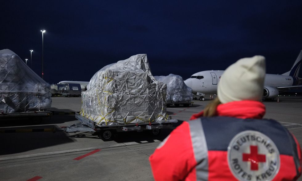 Photo of supplies waiting to be transported to Gaza at an airport in Germany.