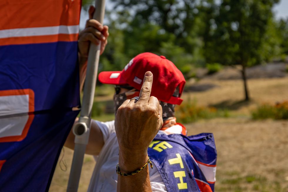 Photo of supporters of former President Donald Trump protesting outside St. Mary's Park in the Bronx borough of New York City