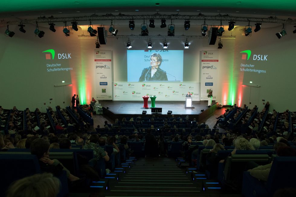 Photo of Sylvia Lohermann, Minister of Schools in North Rhine-Westphalia, speaking at the German Headteacher Congress in Duesseldorf, Germany