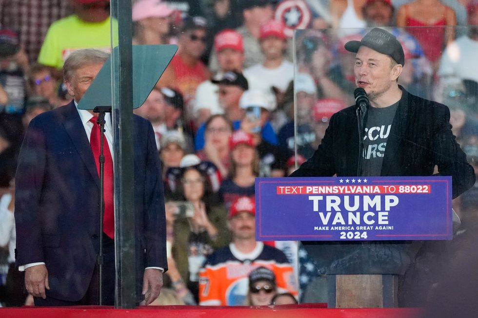 Photo of tech entrepreneur and billionaire Elon Musk speaking at a Trump rally in Butler, Pennsylvania (the site of a July 2024 assassination attempt on Trump)