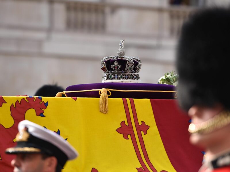 Photo of the crown resting atop Queen Elizabeth II's coffin as it is carried during a Ceremonial Procession ​in London on Sept. 14