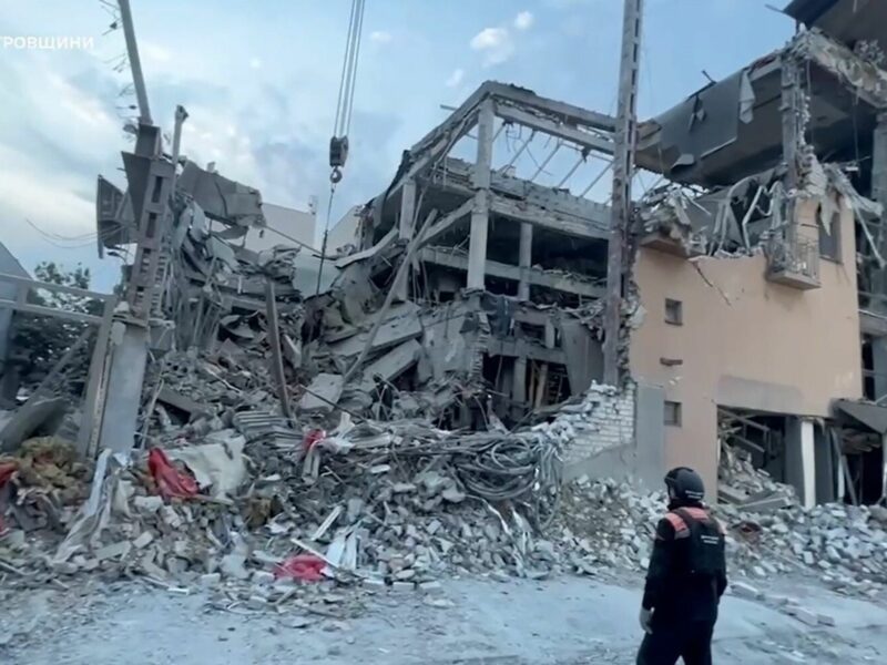 Photo of the destroyed buildings after being hit by a Russian missile strike