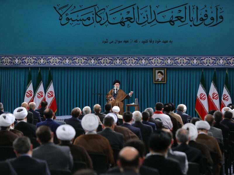 Photo of the Iranian Supreme Leader Ayatollah Ali Khamenei speaking during a meeting with members of the Iranian government and the country's top officials in Tehran, Iran.