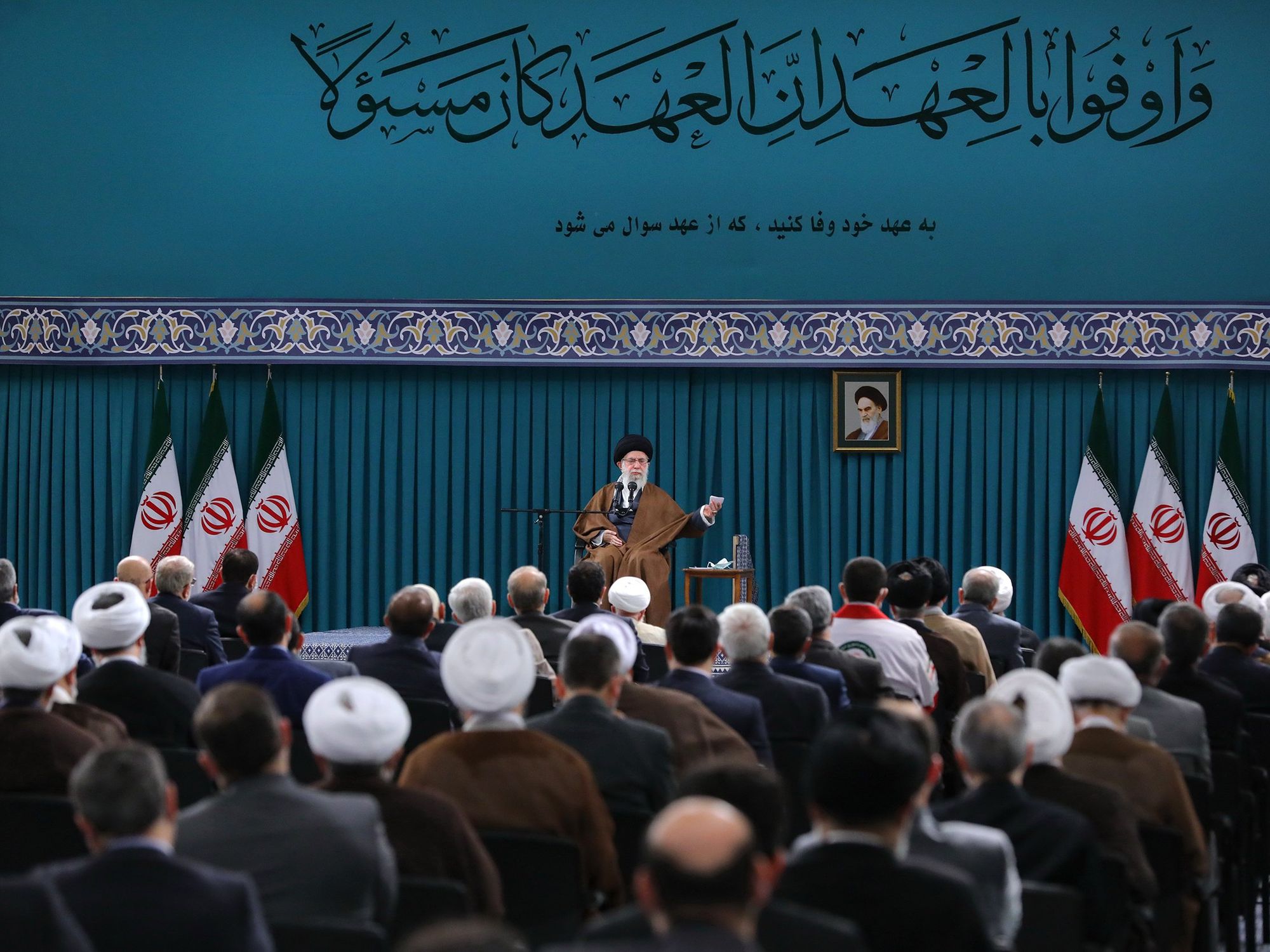 Photo of the Iranian Supreme Leader Ayatollah Ali Khamenei speaking during a meeting with members of the Iranian government and the country's top officials in Tehran, Iran.
