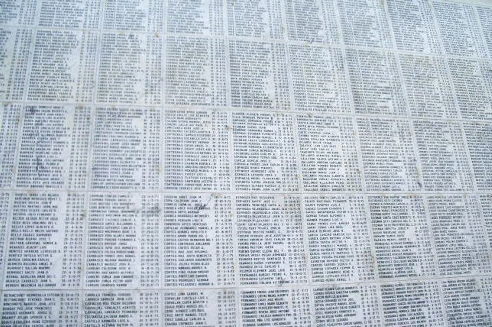 Photo of the monument in the cemetery of Santiago, Chile, containing a partial list of leftist political activists killed by the military dictatorship of Chile, between 1973 and 1990.