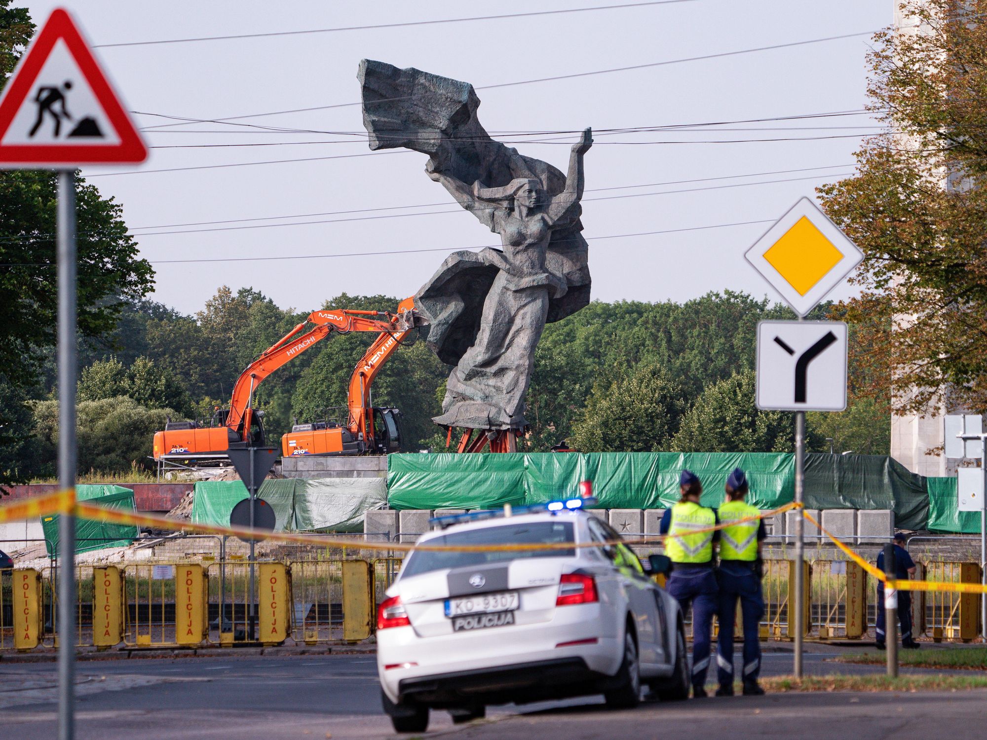 photo of The Monument to the Liberators of Riga being taken down in Riga, Latvia.