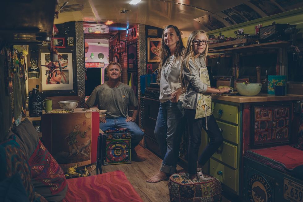 Photo of the traveling family inside the "amunches" bus