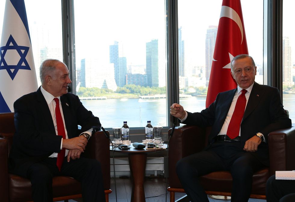 Photo of Turkish President Recep Tayyip Erdogan and Israeli Prime Minister Benjamin Netanyahu in New York in September 2023