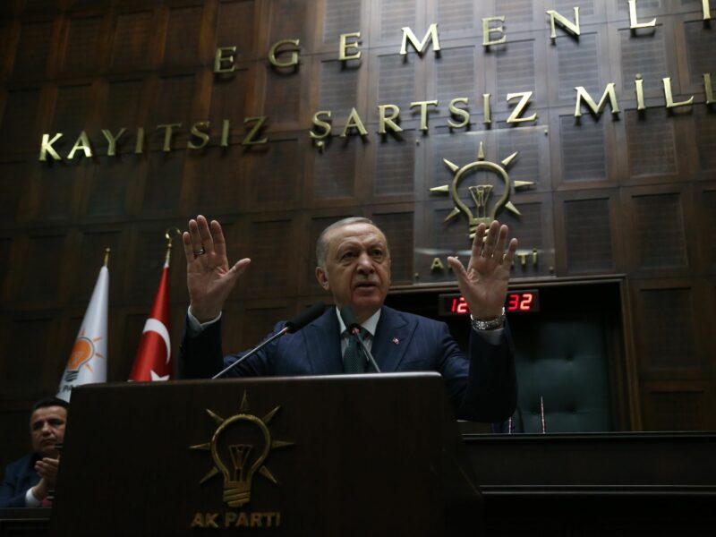 Photo of Turkish President Recep Tayyip Erdogan giving a speech in Ankara on May 15