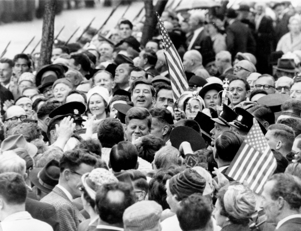 Photo of U.S. President John F. Kennedy in a crowd as he visited Cork, Ireland, in June 1963.