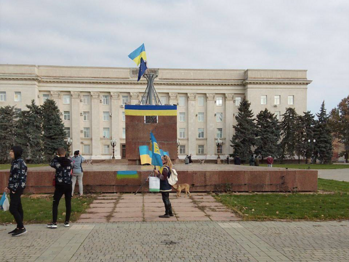 photo of ukrainian flags at Kherson city hall
