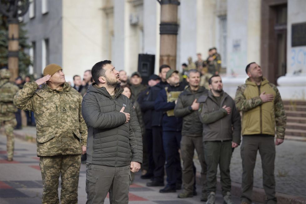 Photo of Ukrainian President Volodymyr Zelensky singing the national anthem