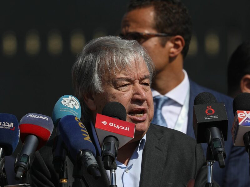 Photo of UN Secretary-General Antonio Guterres speaking during a press conference at the Rafah border crossing between Egypt and Gaza on Oct. 20.