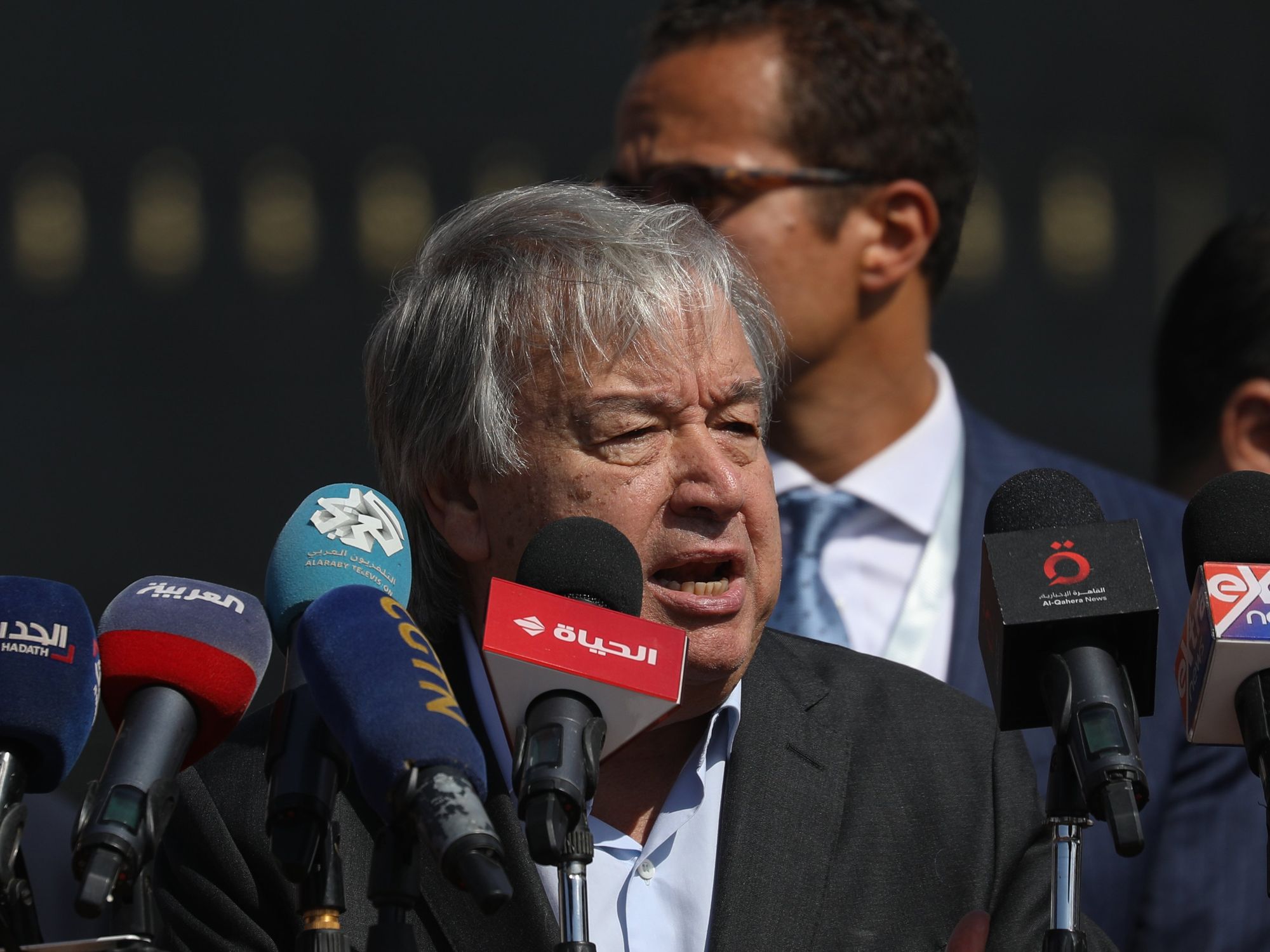 Photo of UN Secretary-General Antonio Guterres speaking during a press conference at the Rafah border crossing between Egypt and Gaza on Oct. 20.
