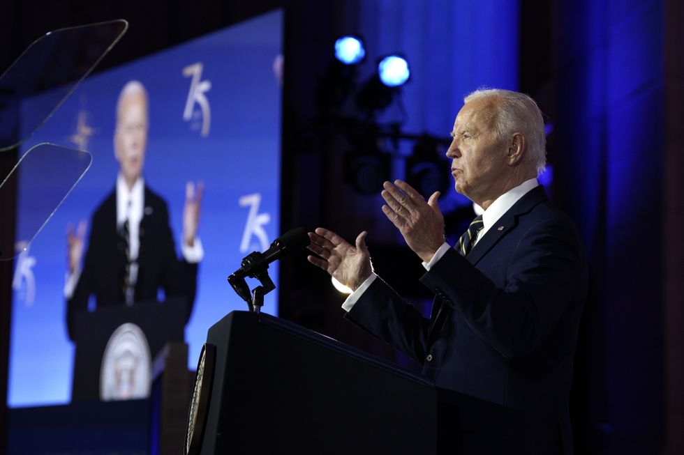 Photo of United States President Joe Biden giving a speech at the Andrew W. Mellon Auditorium in Washington on July 9.