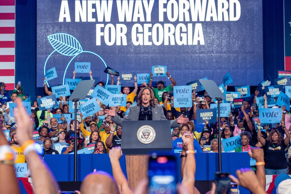 Photo of United States Vice President Kamala Harris addressing a crowd at Lakewood Amphitheater in Atlanta, Georgia on October 19, 2024.