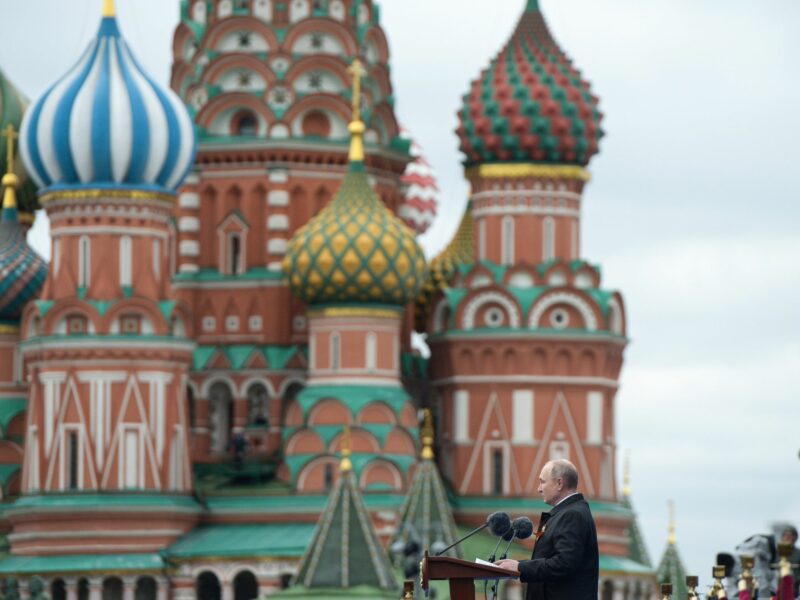 Photo of Vladimir Putin making remarks during a Victory Day military parade marking the 76th anniversary of the victory over Nazi Germany in World War II, in Moscow's Red Square