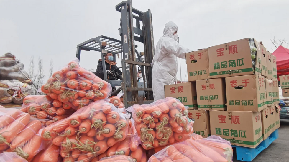 Photo of volunteers transporting goods in a distribution center