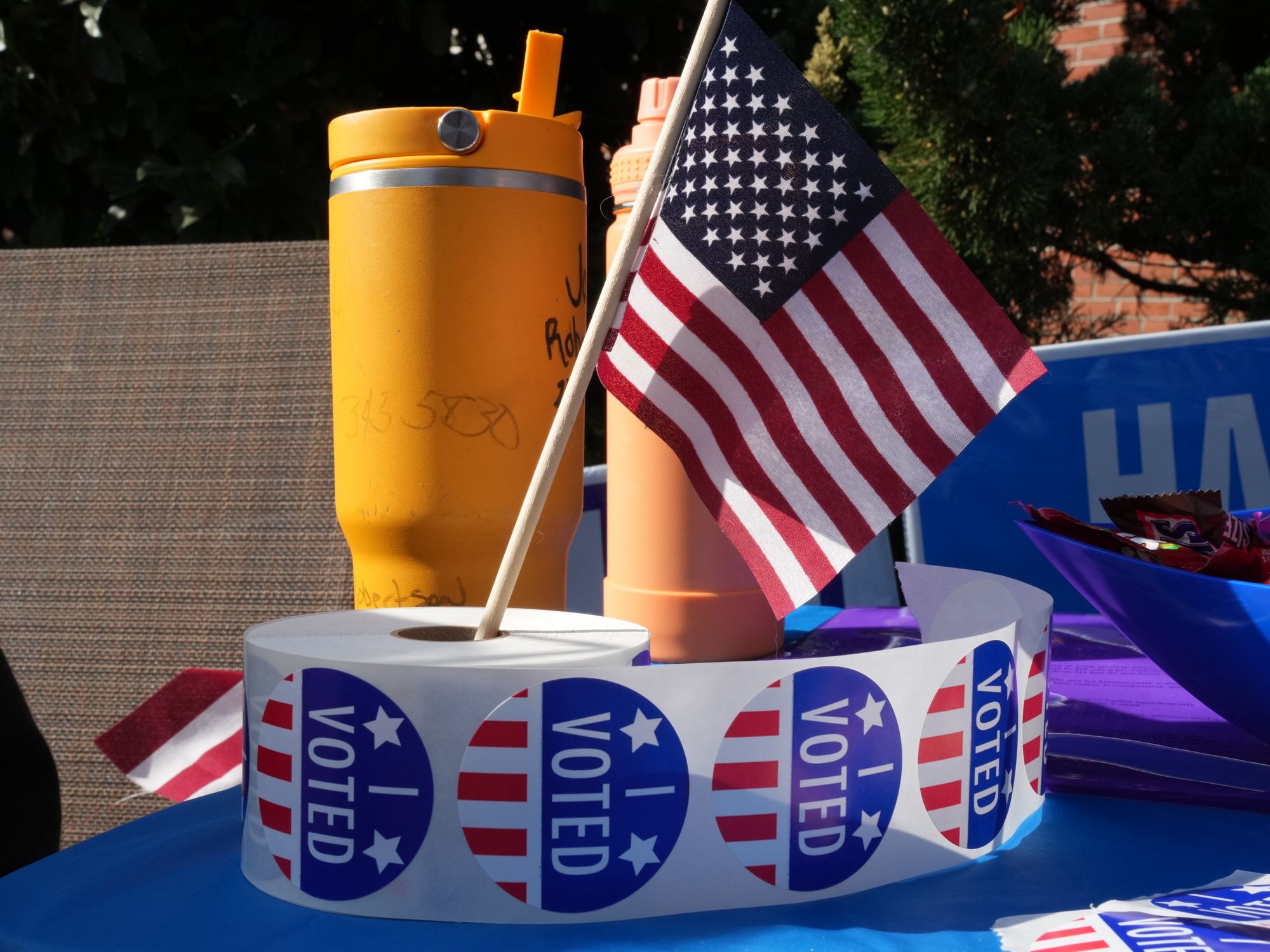 photo of voting stickers and american flag