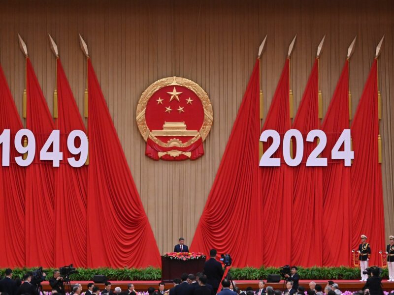 Photo of Xi Jinping delivering a speech in Beijing during celebrations of the 75th anniversary of the founding of the People's Republic of China in Beijing.
