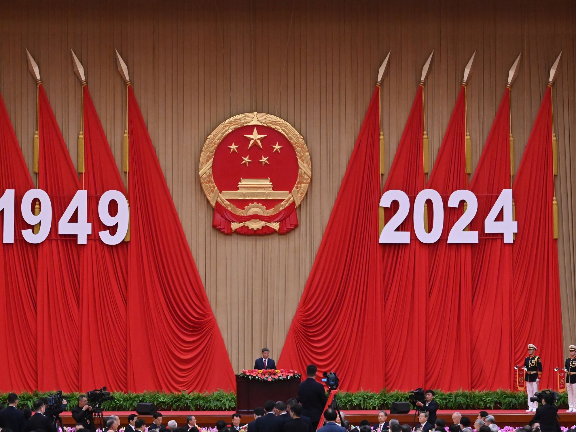 Photo of Xi Jinping delivering a speech in Beijing during celebrations of the 75th anniversary of the founding of the People's Republic of China in Beijing.