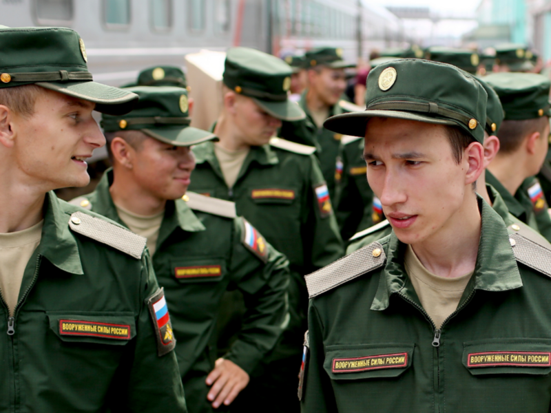 Photo of young Russian conscripts departing for their military service with the Russian Army