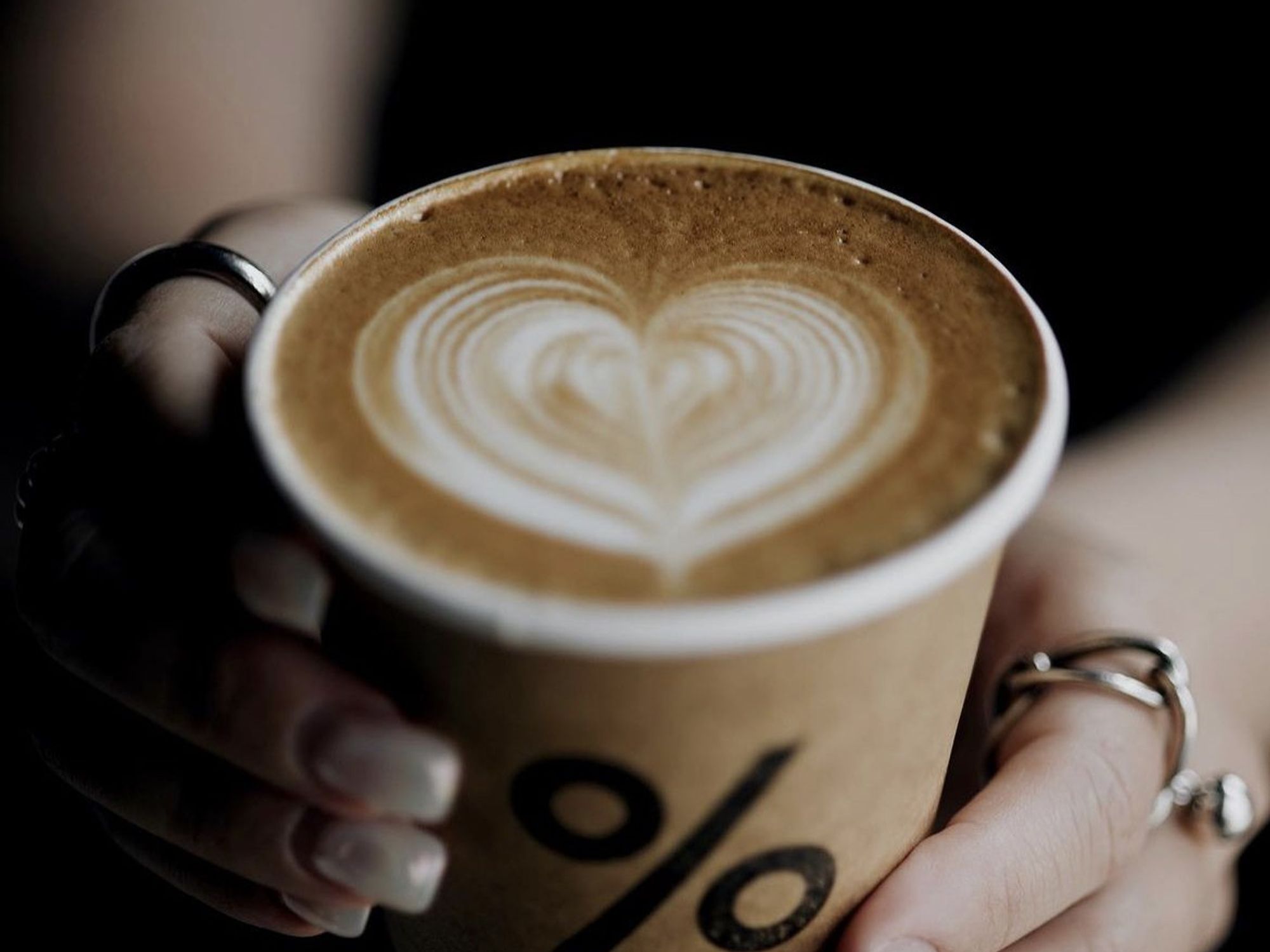Photograph of a cup of coffee with a heart made out of foam art. There is a % sign on the cup to show that it is from 100% arabica beans