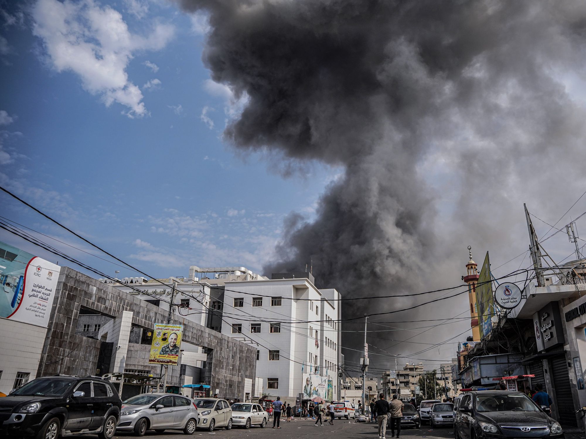Photograph of a large explosion in the Susi mosque in the beach camp after it was bombed by Israeli planes.