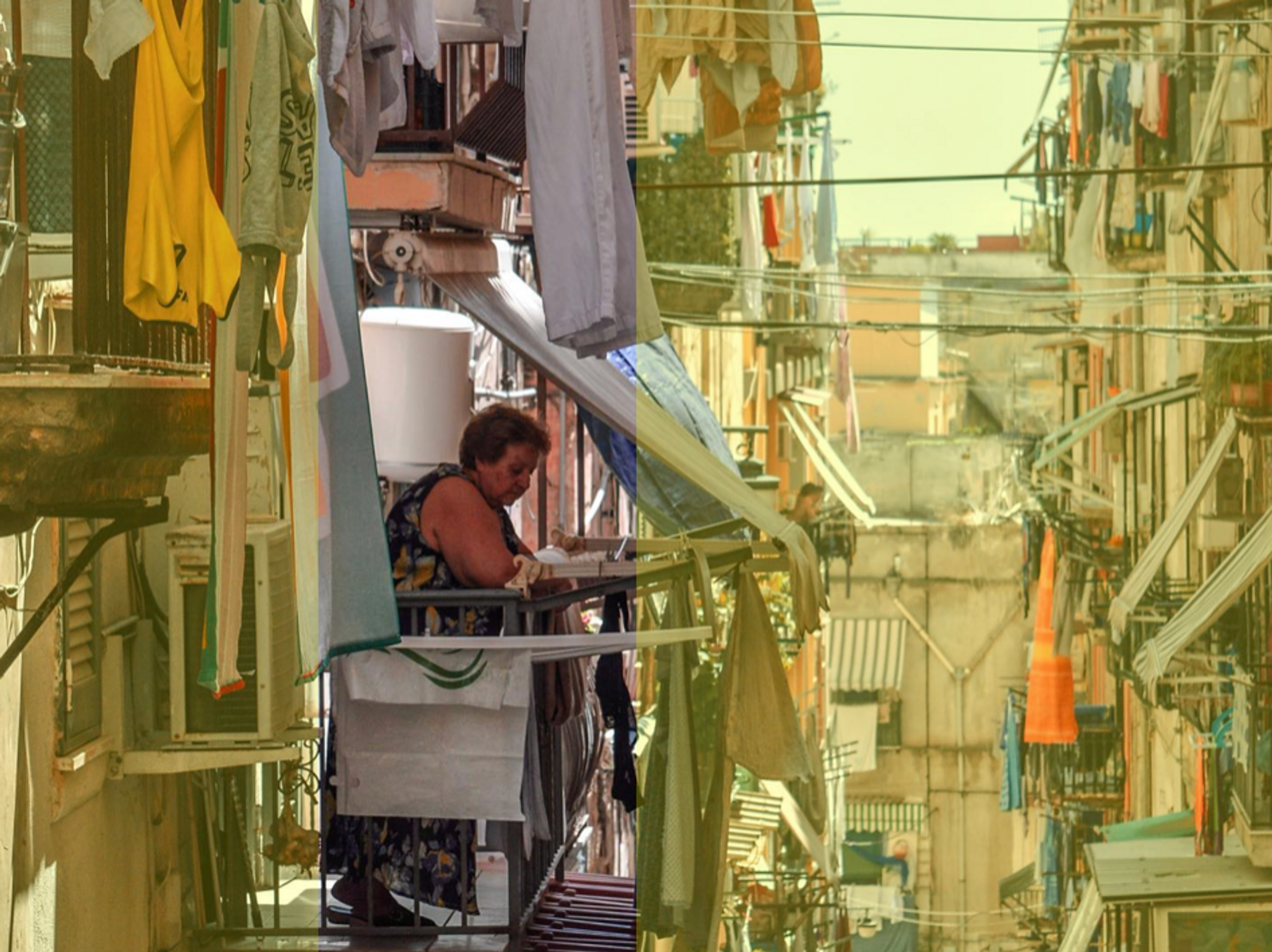 Photograph of a woman looking down onto the street from her balcony in Naples