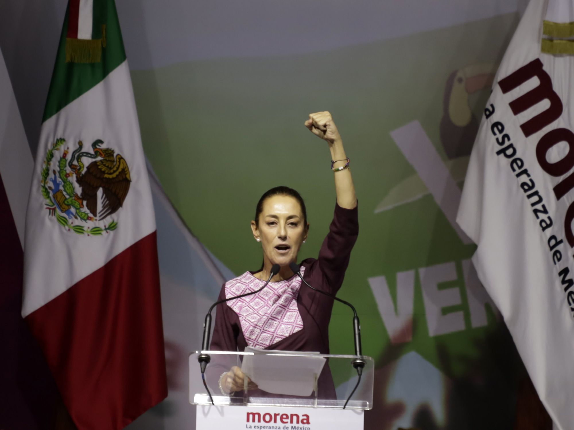 Photograph of Claudia Sheinbaum raising her fist as she receives he certificate as presidential candidate in the National Council.