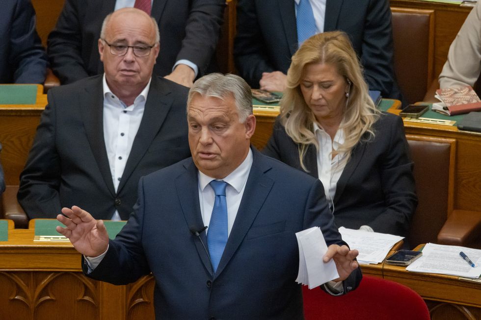 Photograph of Hungarian Prime Minister Viktor Orban as he speaks during a parliament session.