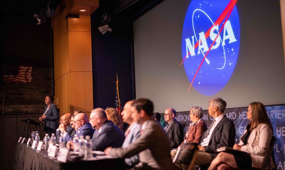 Photograph of Nasa panel where Nicola Fox, NASA associate administrator, speaks during a public meeting of Unidentified Anomalous Phenomena Independent Study Team.