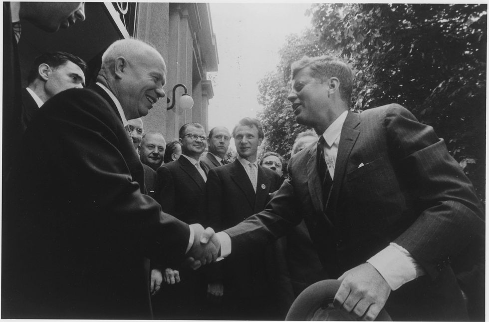 Photograph of President John F. Kennedy and Chairman Nikita Khrushchev during their meeting in Vienna, Austria.
