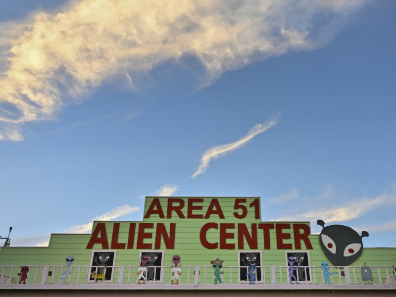 Photograph of the Area 51 Alien Center is seen at sunset on July 16, 2023, in Amagrosa Valley, Nevada.​ The roadside extraterrestrial-themed souvenir shop sits along U.S. Highway 95.