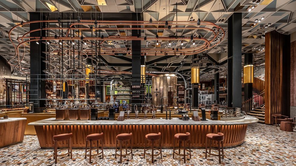 Photograph of the inside of the Starbucks Reserve Roastery in Milan, where the counter tops are made of marble