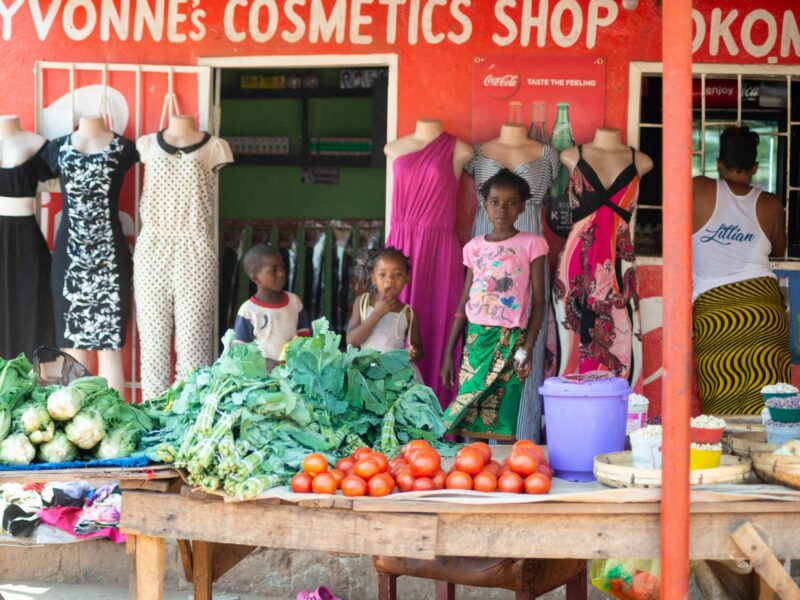 Photograph of young girls in Zambia standing behind a vegetable stand.