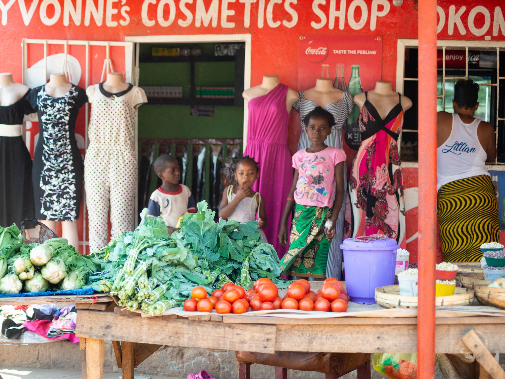 Photograph of young girls in Zambia standing behind a vegetable stand.