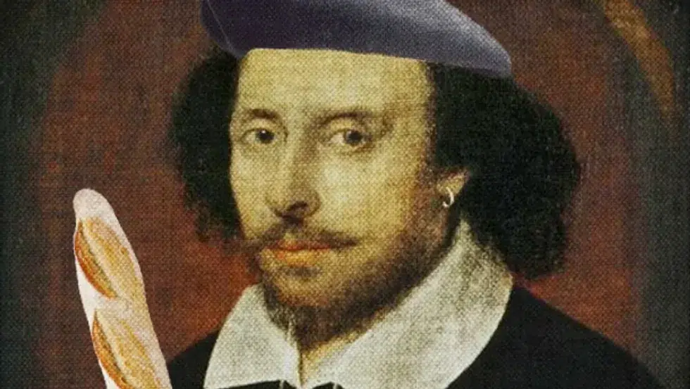 Photomontage of a portrait of William Shakespeare with a beret and holding a baguette