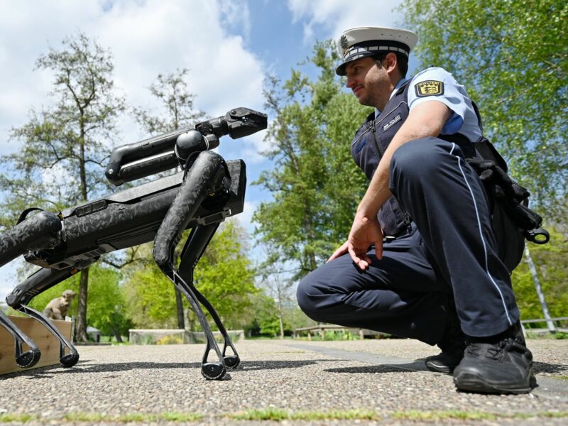 Pic of a robot dog with a police officer