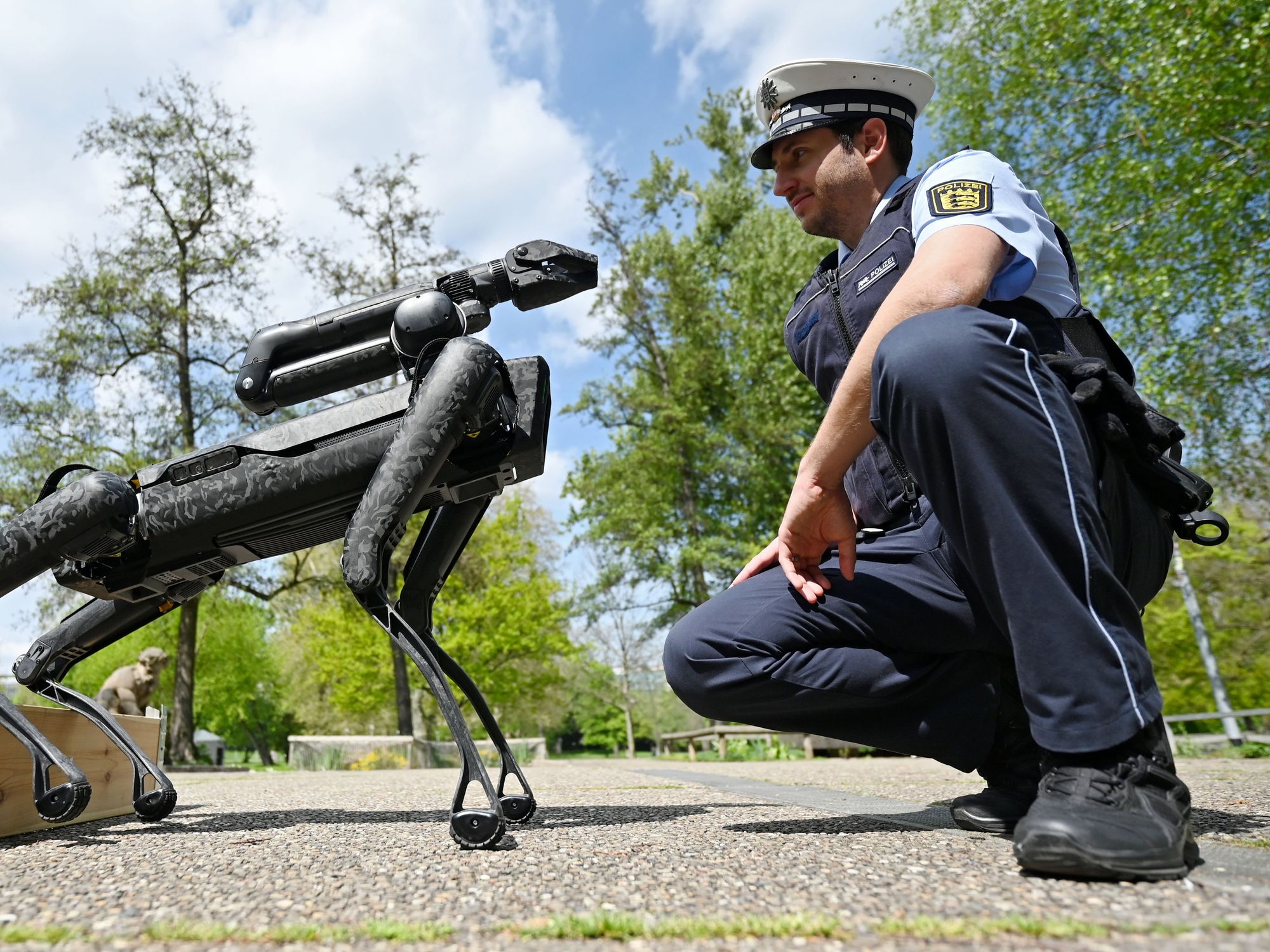 Pic of a robot dog with a police officer