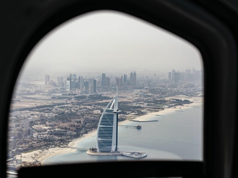 Picture of the Burj Al Arab hotel from the window of an aeroplane