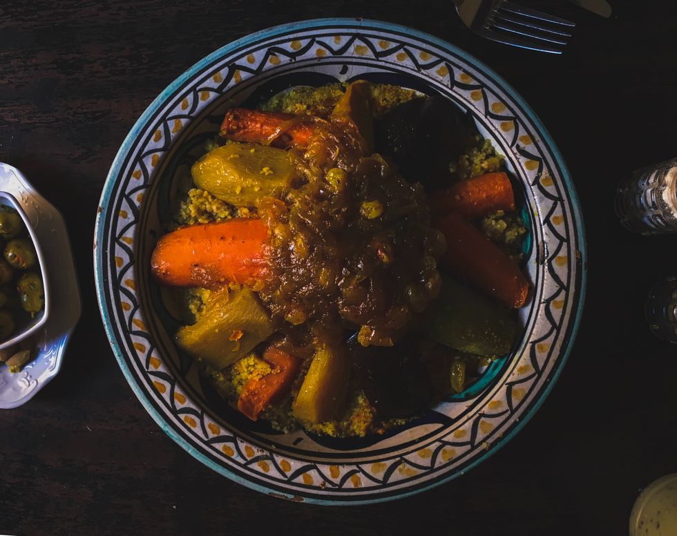 Plate of couscous with vegetables.