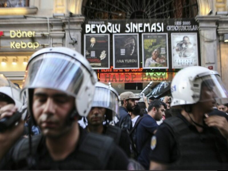 Police and protestors gather at Gezi park