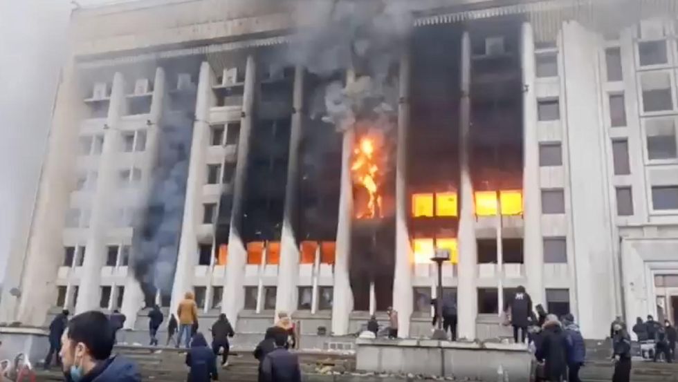 Police disperse protesters from government building in Kazakhstan’s Aktobe.