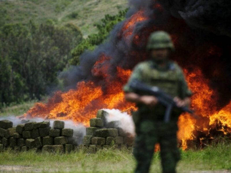 Police forces burning drugs in La Venta del Astillero, Mexico